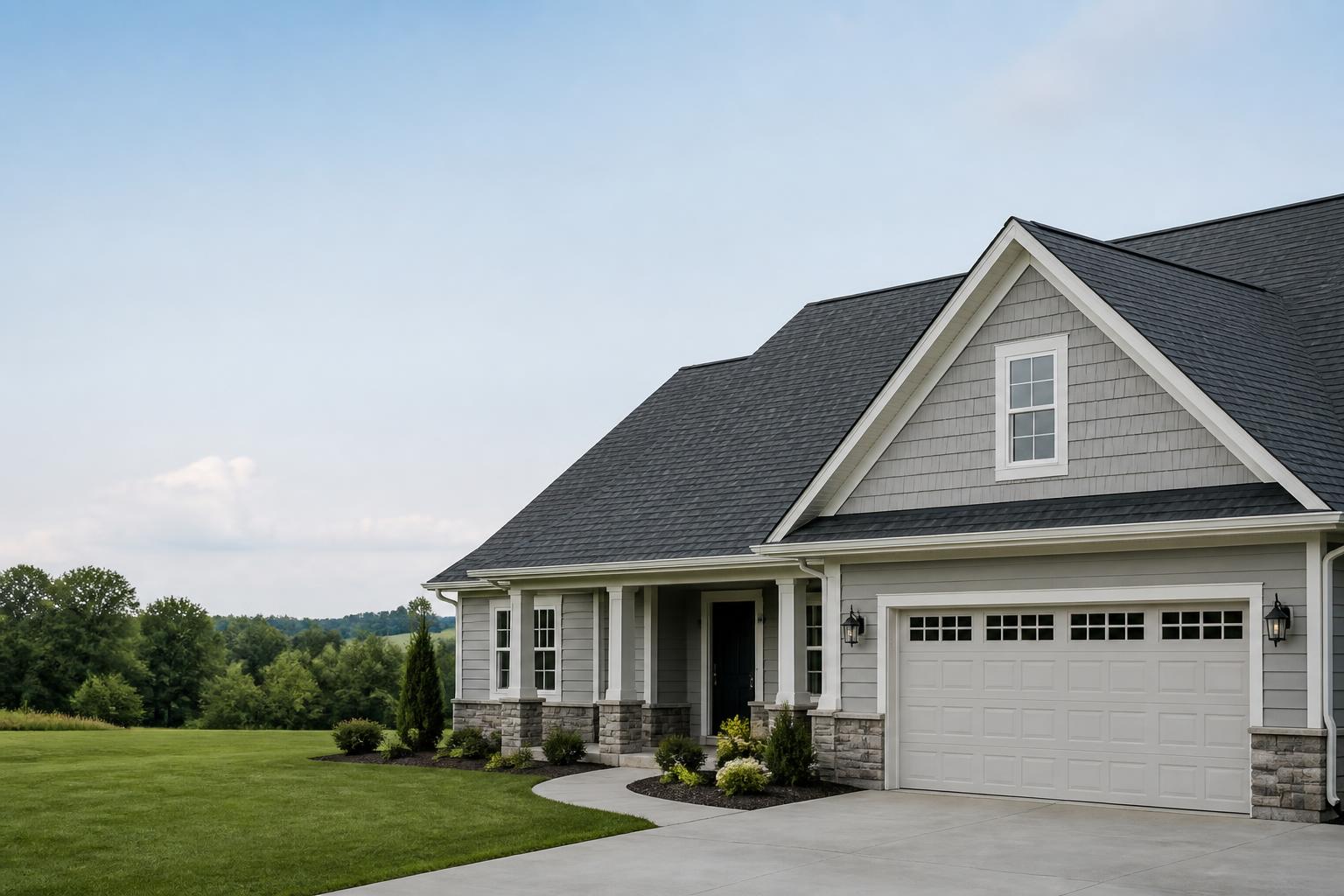 Finished roofing project on a suburban home with open space.